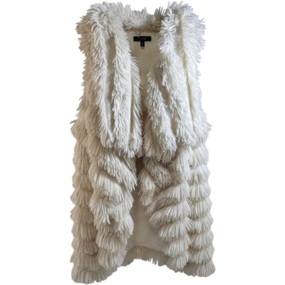 TCEC Faux Fur Shaggy Fringe Vest Size M Cream Off White Tiered Boho Sleeveless